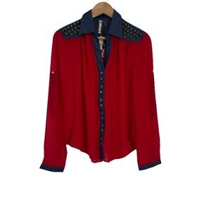 Uno Core Womens Sheer Button Up Studded Top Medium Denim Open Split Back Cowgirl